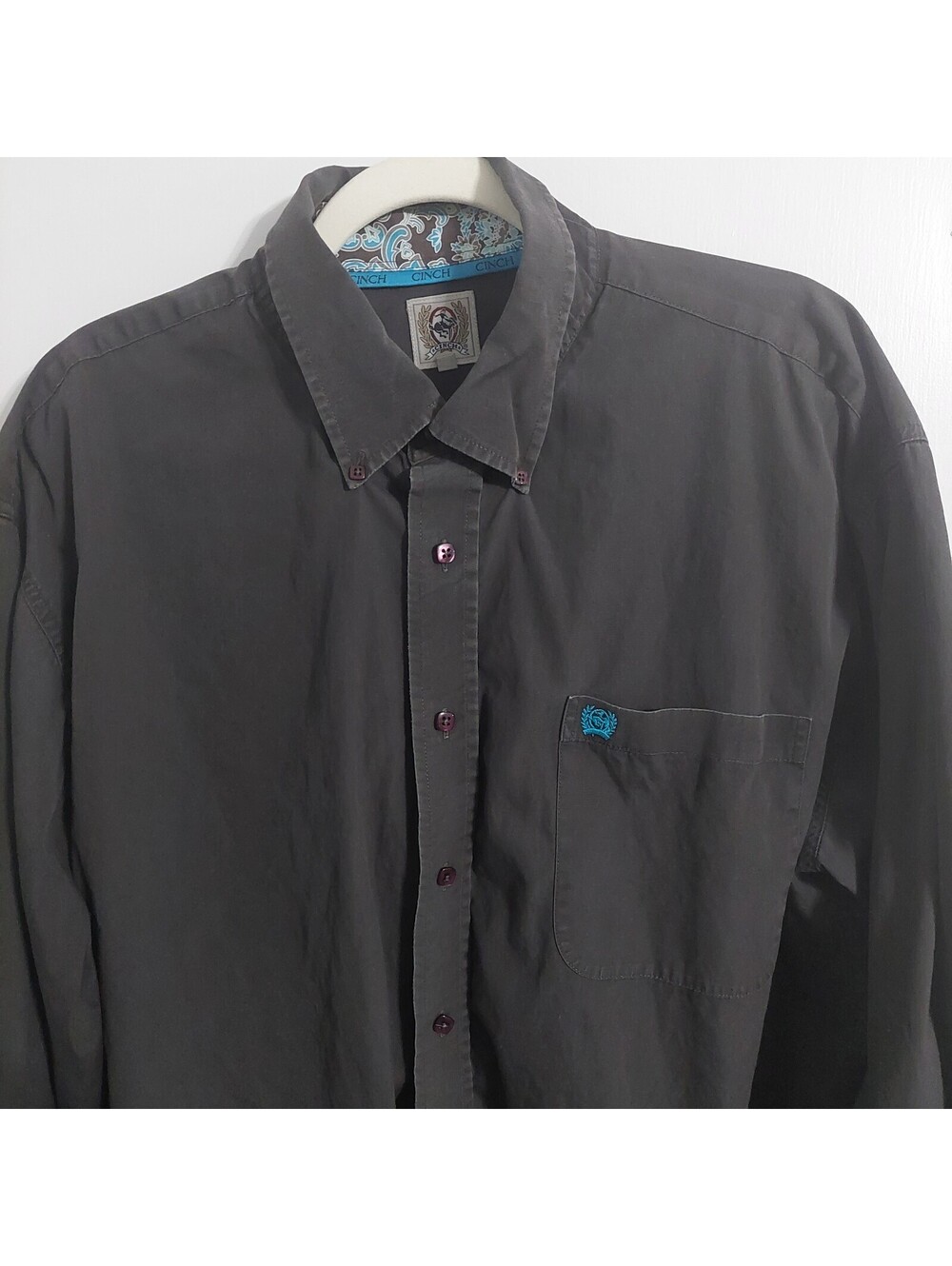 Cinch Men's Long Sleeve Button-Up Shirt XL Dark Gray with Blue Accents